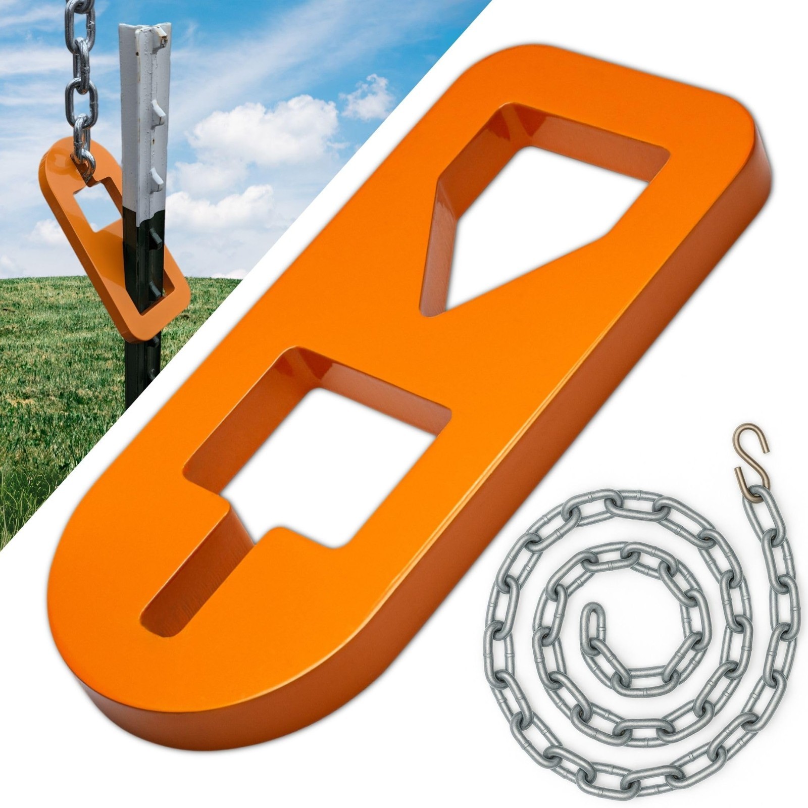 Heavy Duty T-Post Puller Tool, Carbon Steel Plate with Chain, Rust-Resistant Ora