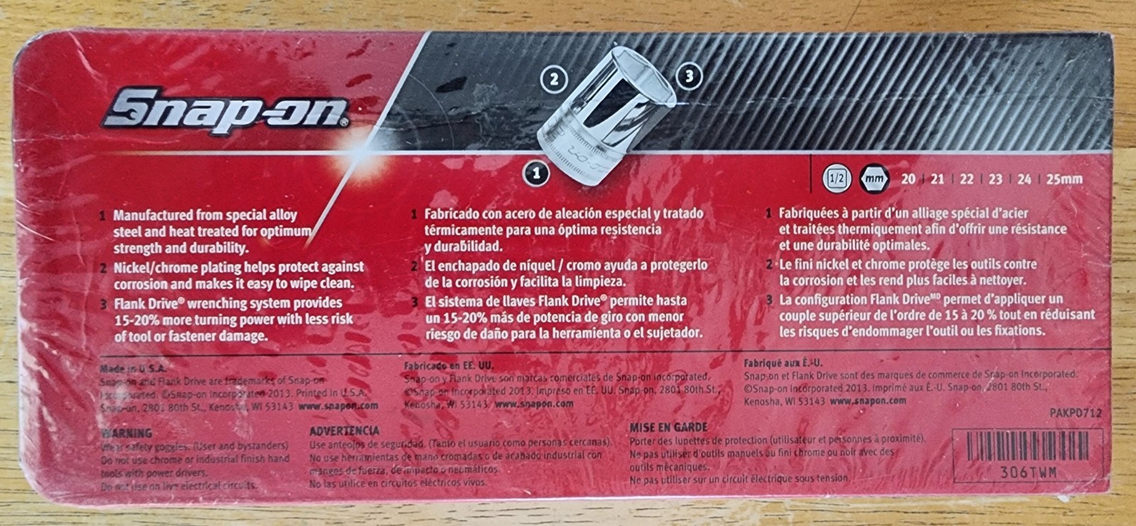 Snap-on 1/2 drive 20-25 mm 6-point Flank Drive Shallow Socket Set 306TWM In Tray
