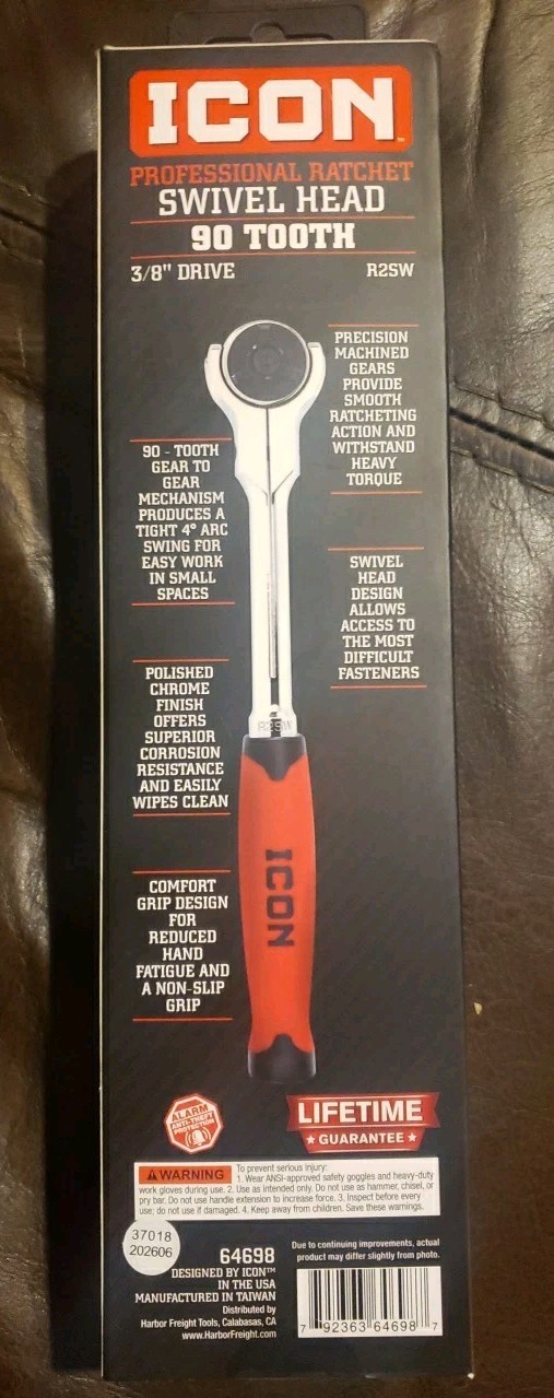 ICON R2SW 3/8″ Drive Professional Swivel-Head Ratchet w/ Comfort Grip 64698 NEW