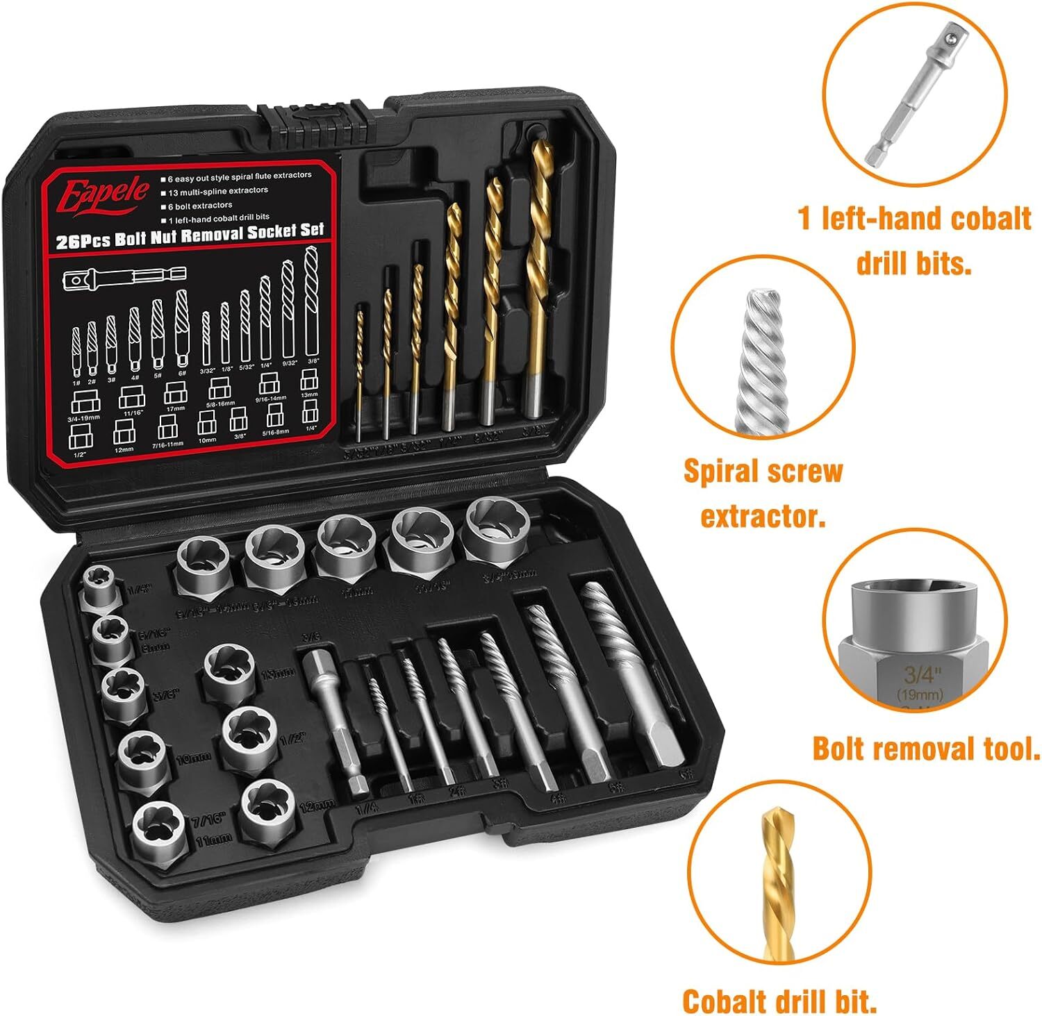 Eapele Bolt Extractor Set, Stripped Nut Remover Twist Sockets, Fit 3/8″ Square D