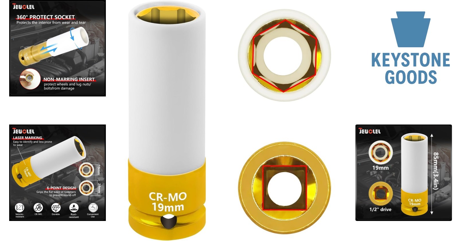 19mm Alloy Steel Impact Socket w/ Scratch-Resistant Sleeve for Wheels & Lug Nuts