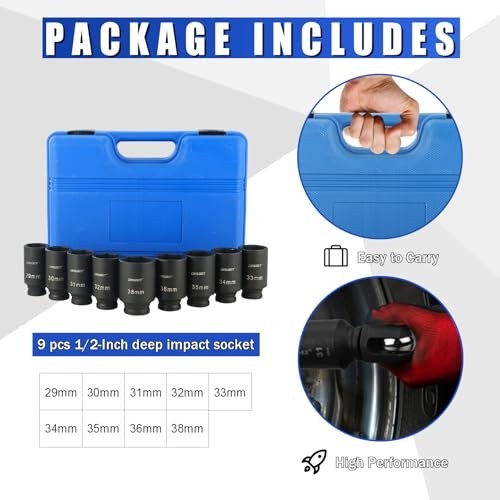 9PCS 1/2″ Drive Deep Impact Socket Set | 6 Point Metric 29-38mm Hub Nut Sockets