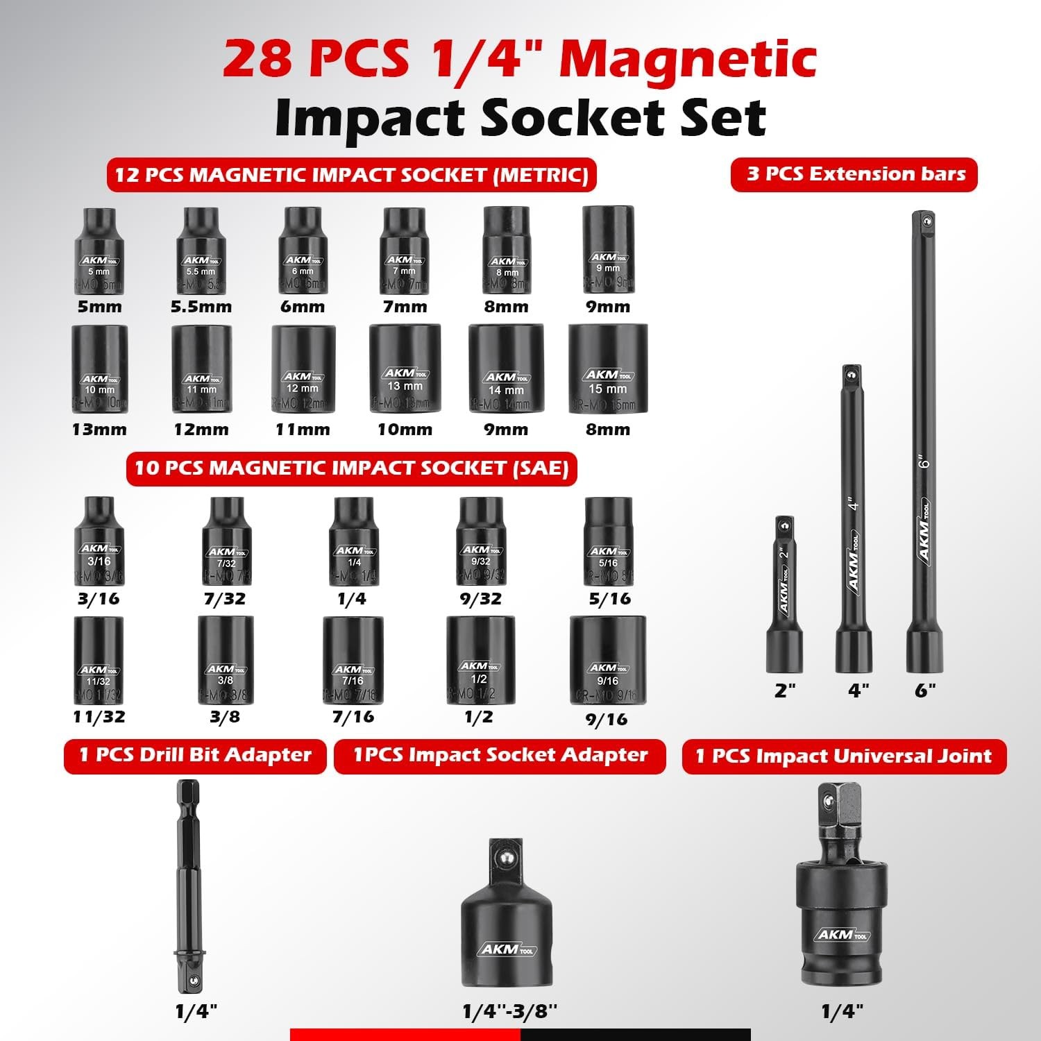 1/4 Inch Drive Magnetic 28PCS 1/4" SAE/Metric Impact Socket Set