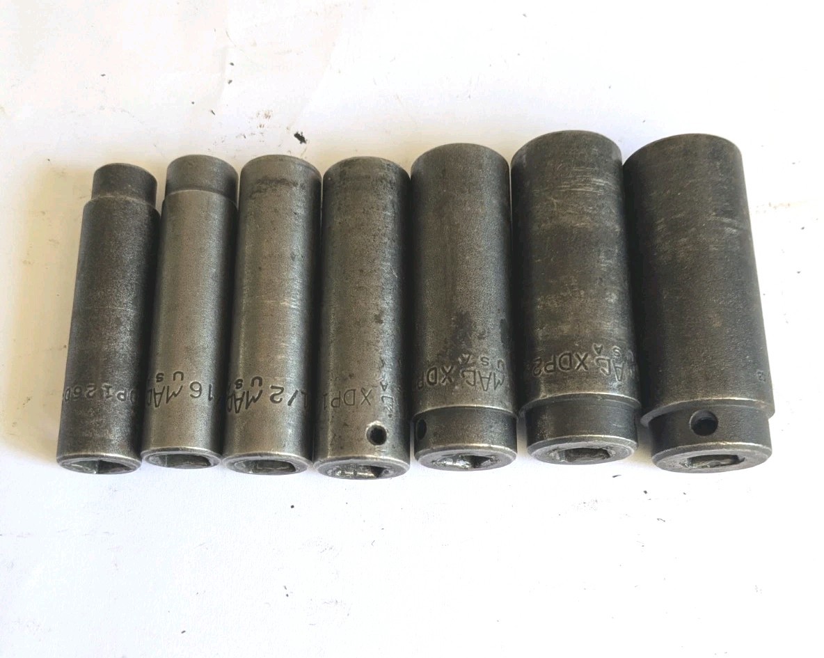 Set Of 7 Vintage Mac Tools Deep Impact Socket 6 point SAE Set XDP 3/8″-3/4″ USA
