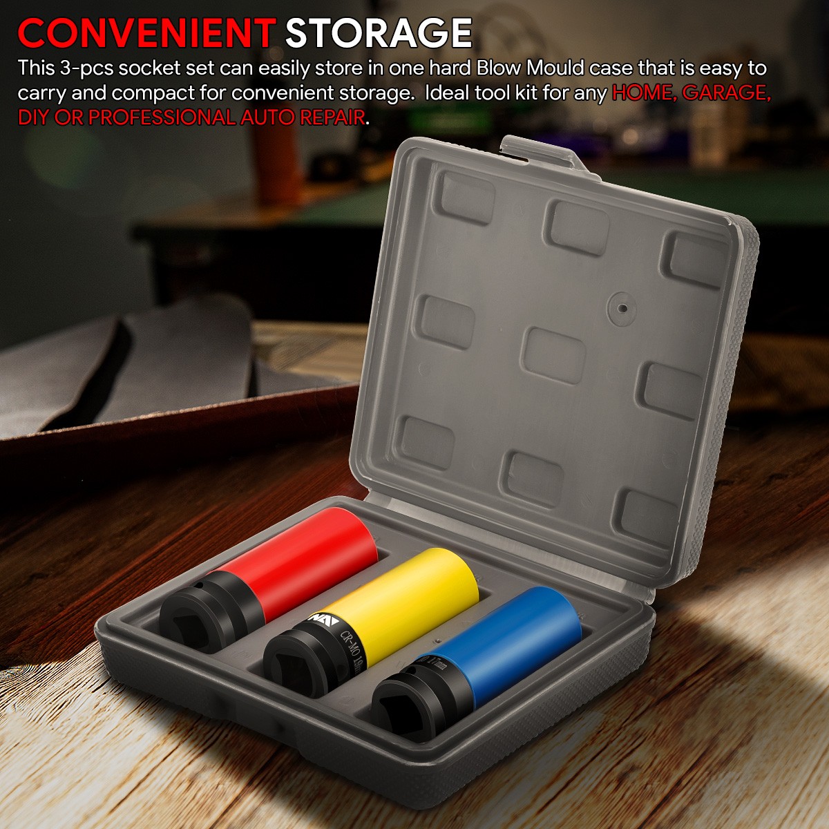 3Pcs 1/2″ Drive Deep Impact Wheel Protector Lug Nut Bolt Socket Set w/Carry Case