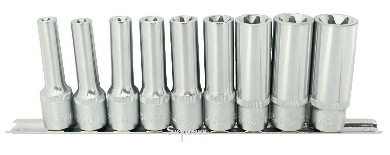 9pc 1/2″ DR Female E Star Deep Socket Torx Auto Tool E10-E24 With Socket Holder