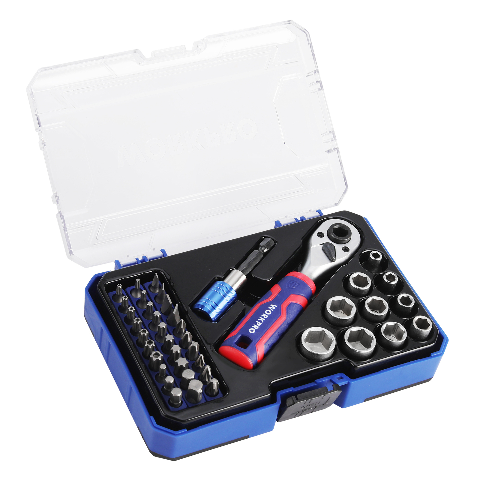 WORKPRO 4PIECES1/4″Dr. Master Socket Set Metric w/ual Head Ratchet Qucik-Release