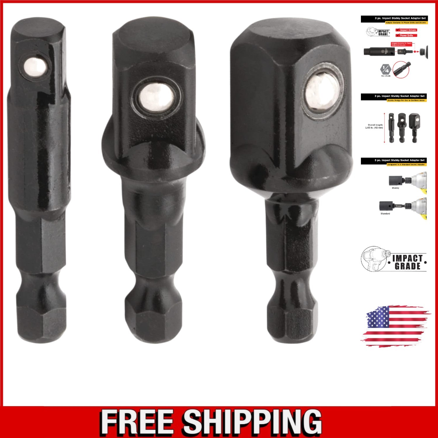 Professional Stubby Impact Socket Adapter Set – 1/4, 3/8, & 1/2-Inch Drives