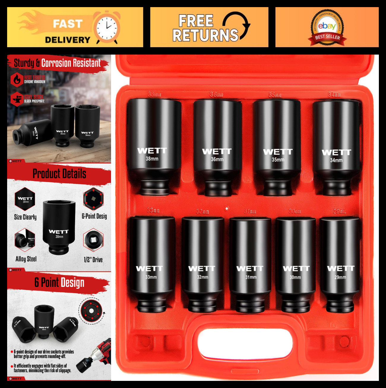 9-Piece 1/2″ Drive Deep Impact Socket Set, Metric 6 Point, CR-V, 29mm-38mm