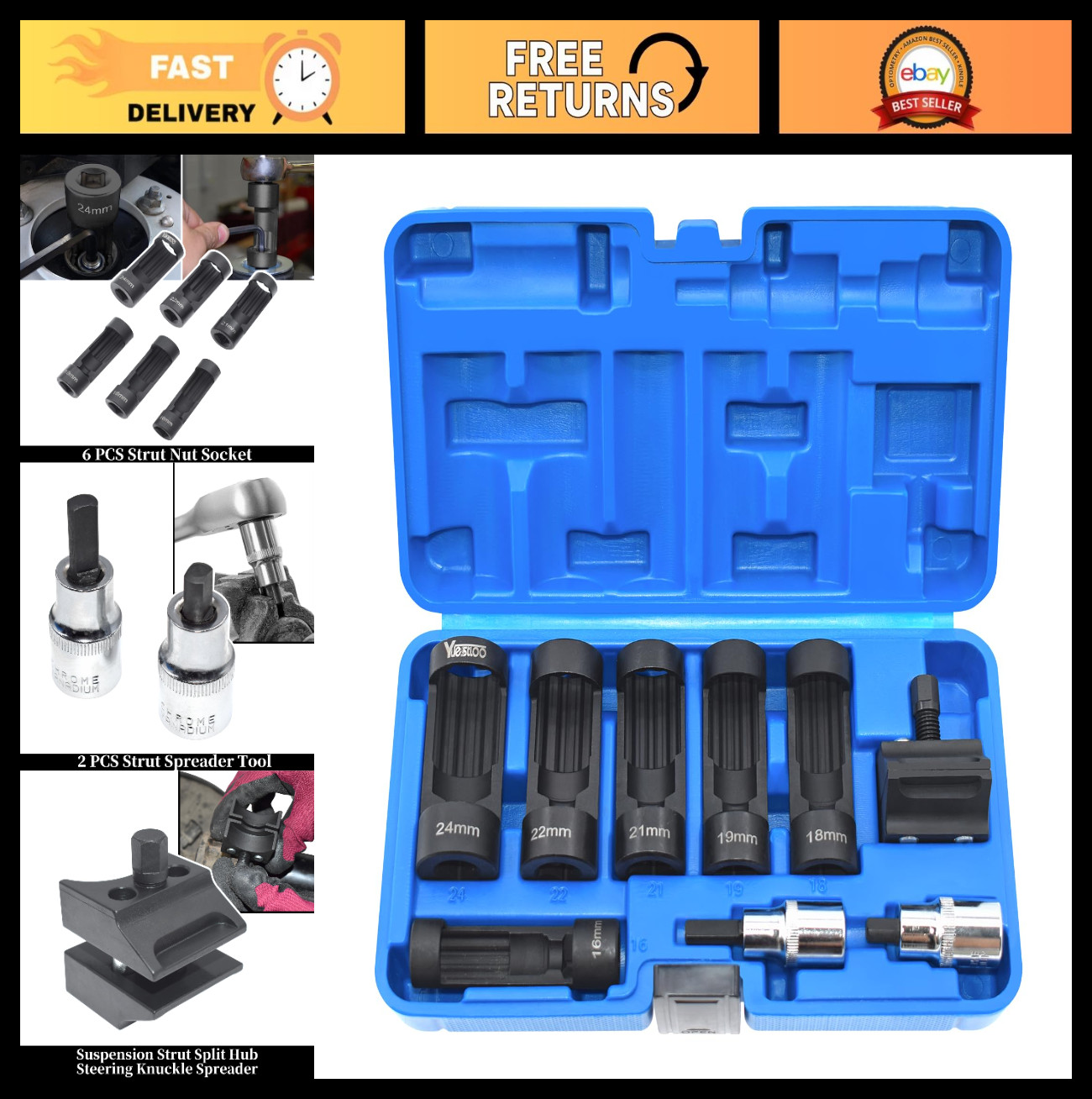 9pcs Suspension Strut Socket Set 16-24mm 12 Point 1/2″ Drive Tool Kit for Shock