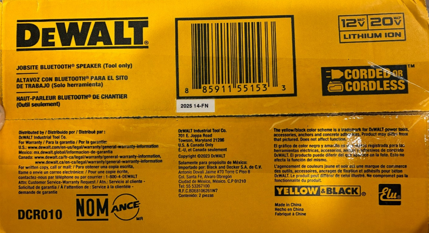 New DEWALT DCR010 20V MAX Bluetooth Speaker for Jobsite