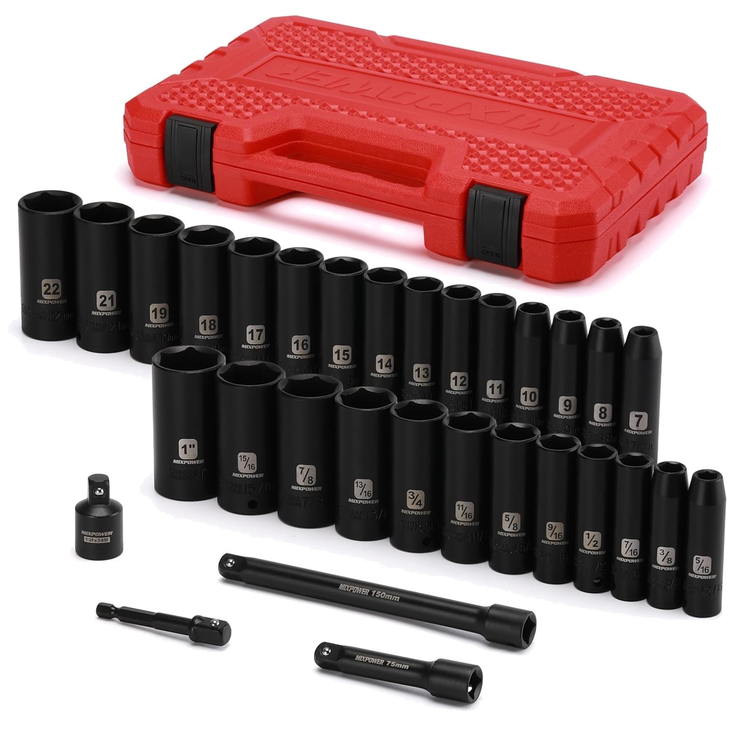 Sturdy Cr-V Steel 3/8″ Drive Socket Set, 31 Piece SAE Metric