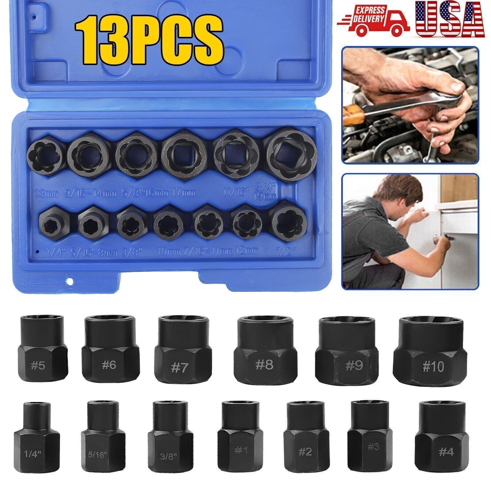 13PC Bolt Extractor Damaged Lug Nut Remover Twist Socket Extractor Tool 8-19MM I