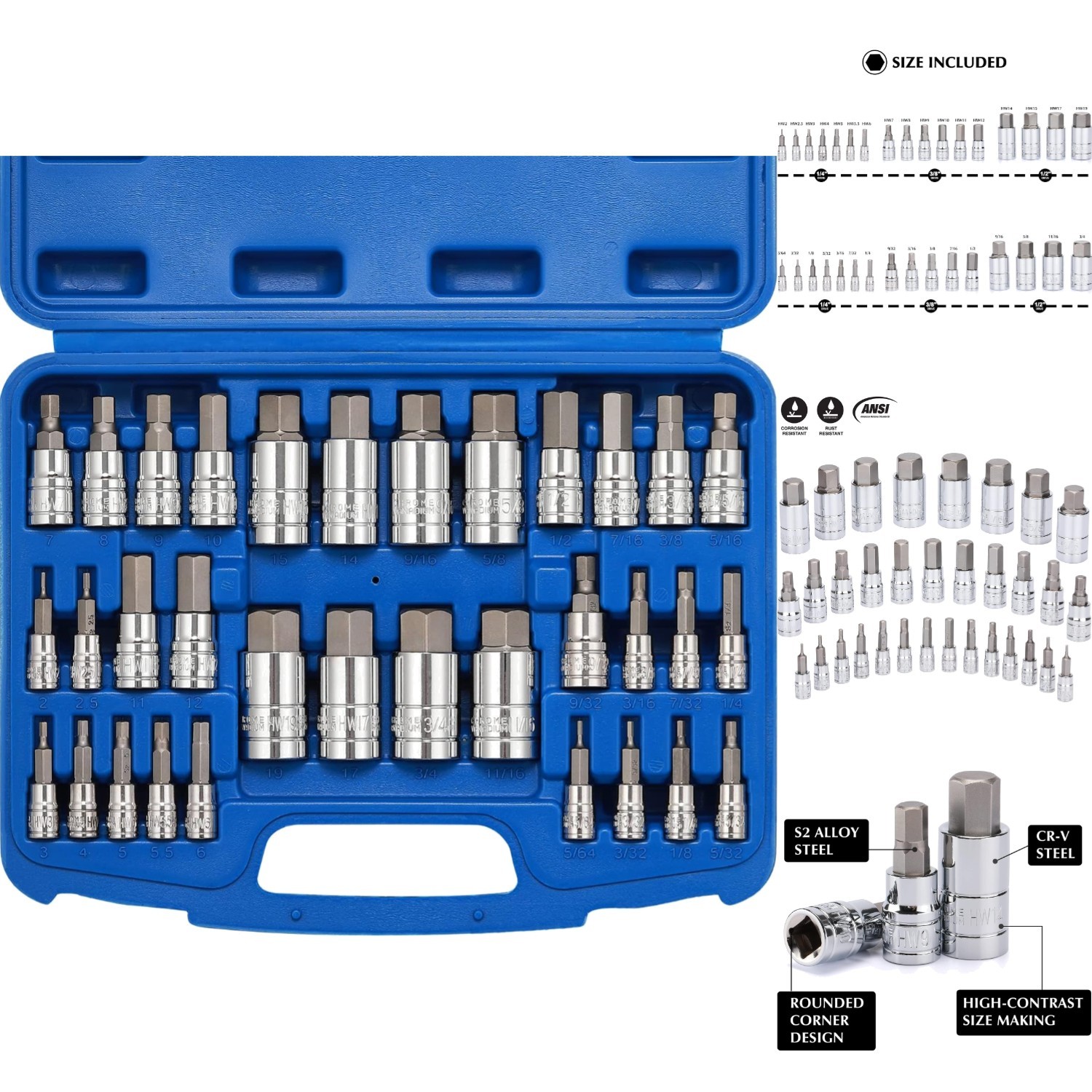 33pc Hex Bit Socket Set SAE Metric Allen Master Kit S2 Steel 1/4 3/8 1/2 Dr Case