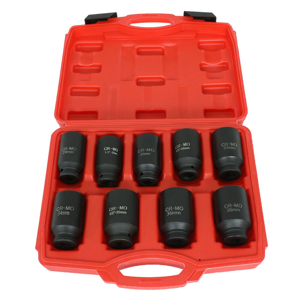 9Pcs 29-38mm 1/2″ Drive Deep Impact Socket Set 6 Point Spindle Axle Hub Nut Tool