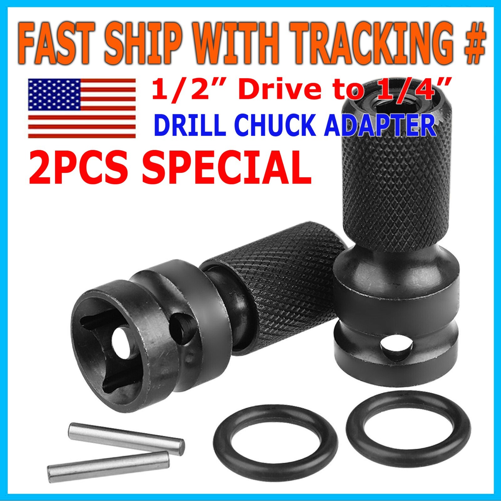 2Pcs 1/2″ Drive To 1/4″ Socket Adapter for IMPACT WRENCH Hex Drill Chuck Convert