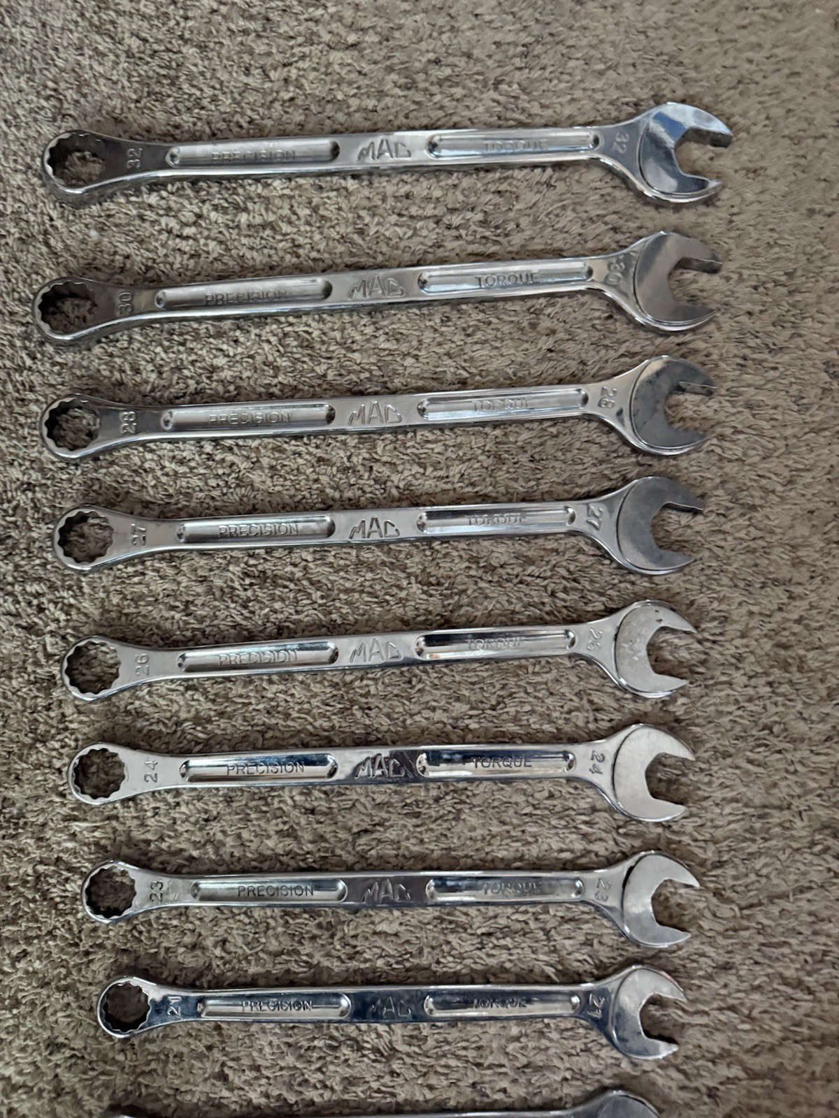 (9) Mac Precision Torque Metric Combo Wrenches 32,30,28,27,26,24,23,20,21 &20 MM
