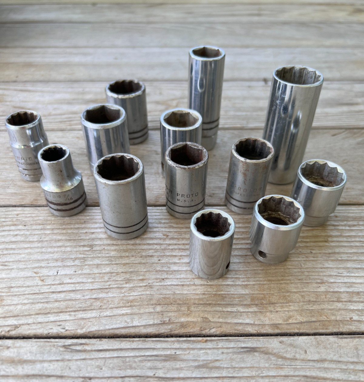 PROTO sockets lot of 13 various sizes 3/8 & 1/2 drive 6 & 12 point