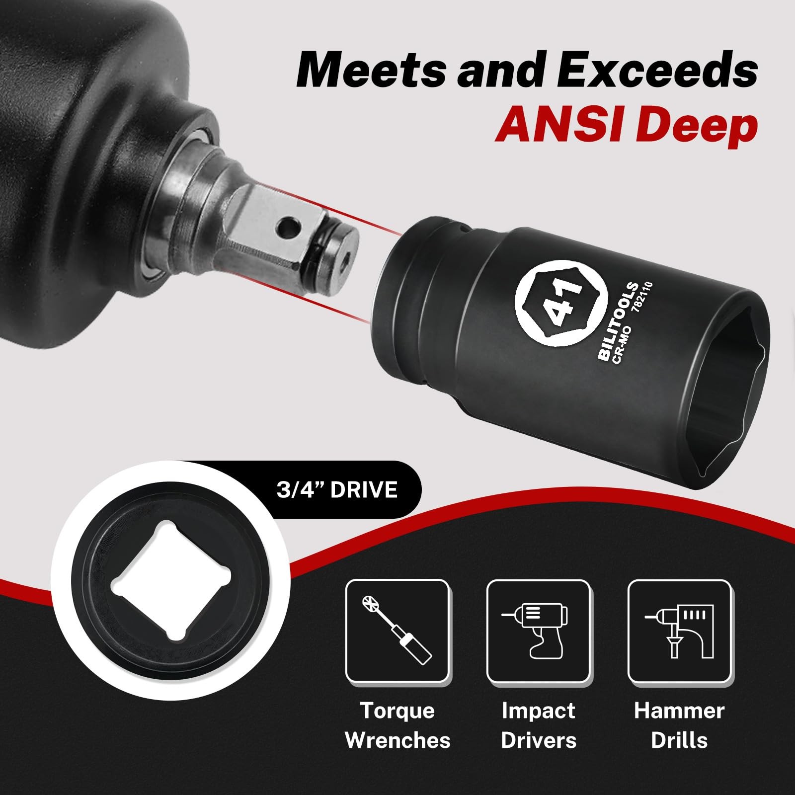 3/4 Drive Deep Impact Socket 41mm, Metric, CR-MO Steel, 6 Pt. Impact Grade He…