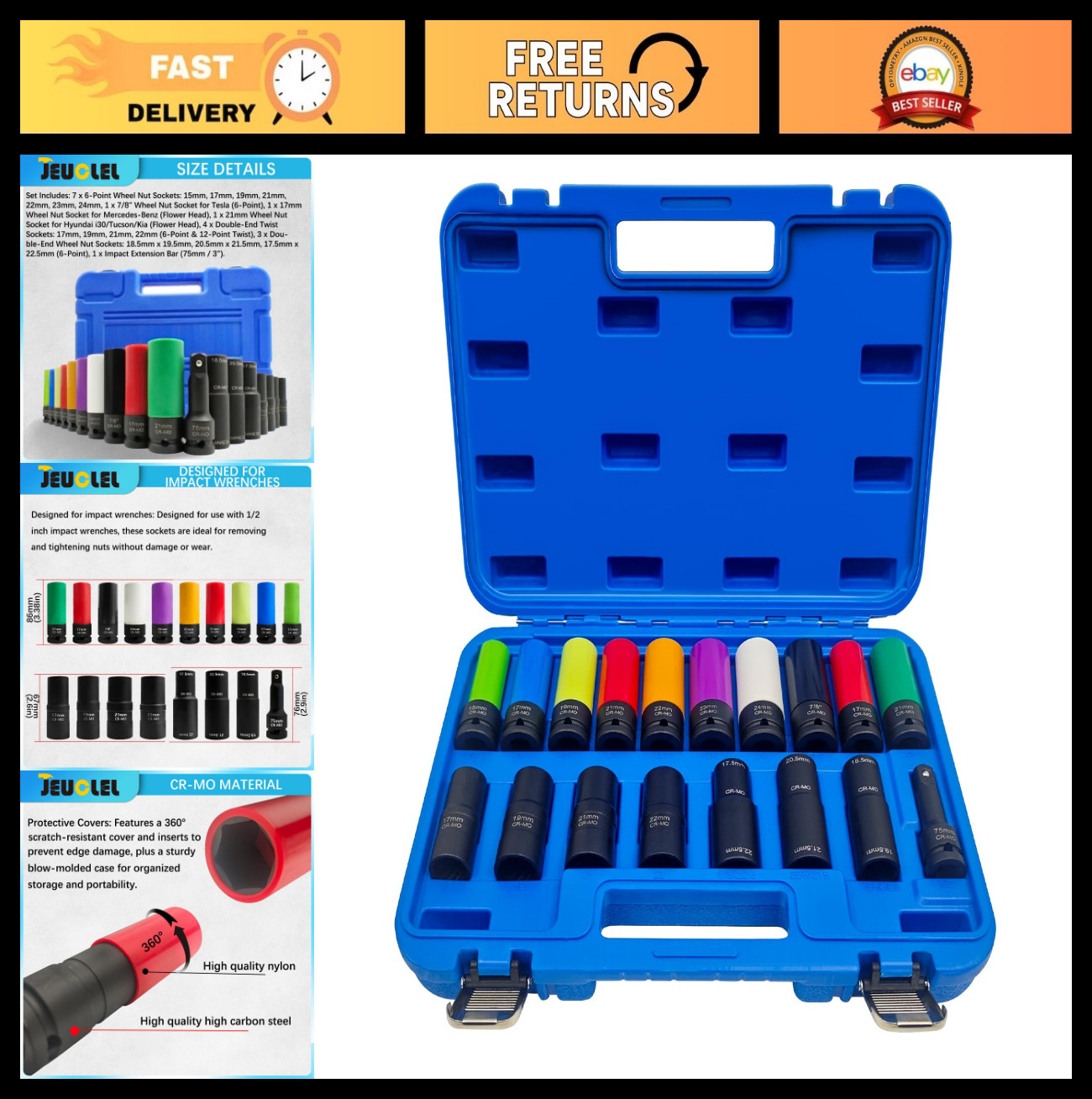 18PCS Thin Wall Lug Nut Socket Set, 1/2″ Drive, 6 & 12 Point, Impact Extension B
