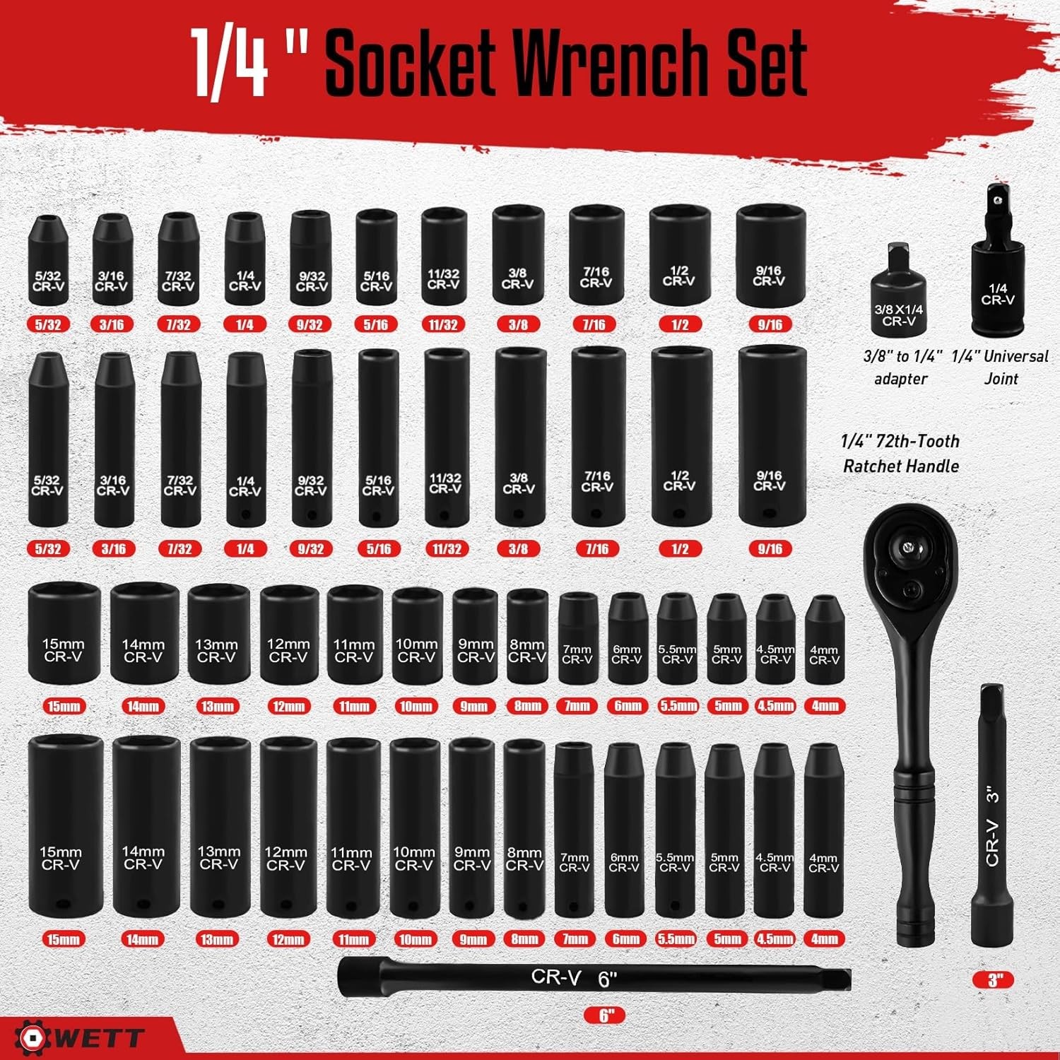 55pc 1/4″ Drive Impact Socket Set,SAE and Metric,Deep/Shallow Sockets Wrench Set