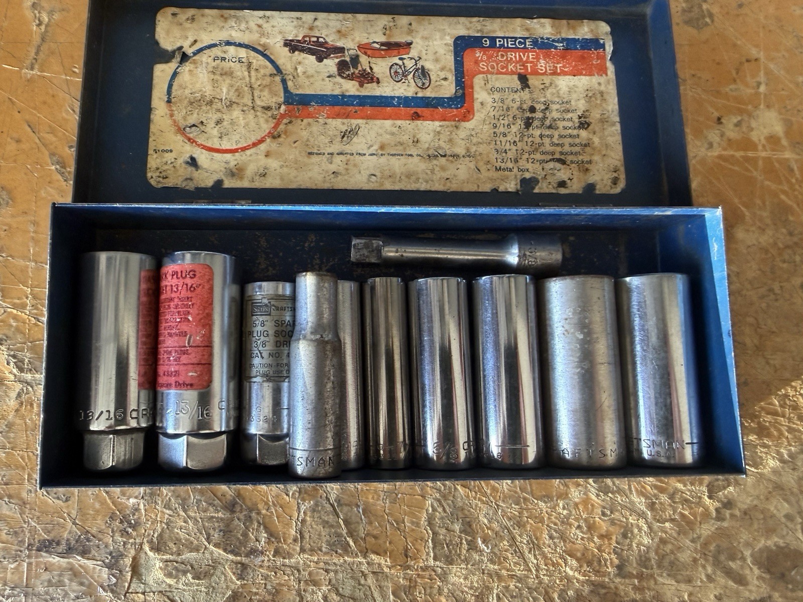 Craftsman USA 3/8 Drive Deep Socket Lot 12 Point Spark Plug Sockets Metal Case