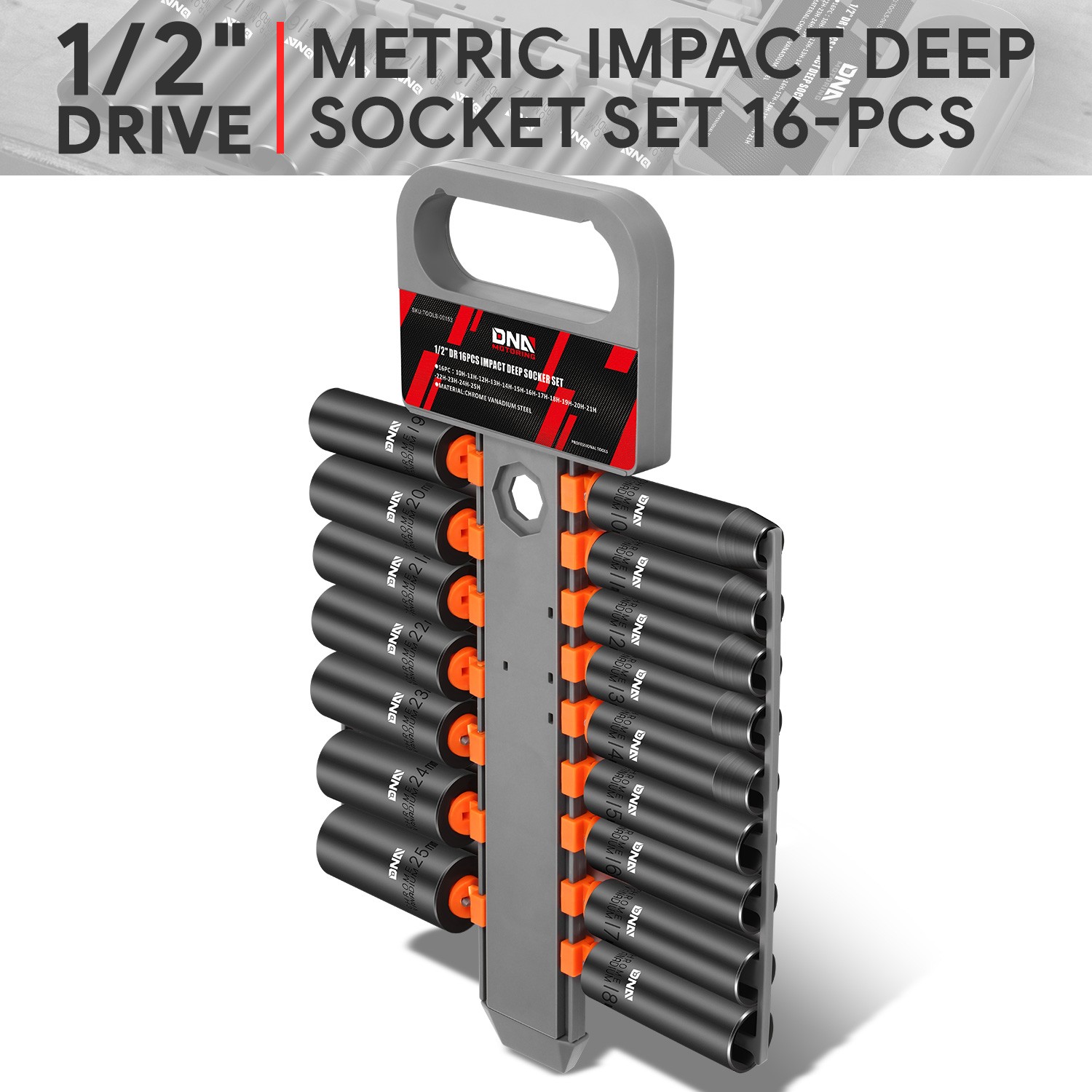 16Pack 1/2″ 10-25mm Chrome-Vanadium Steel Drive Metric Deep Impact Socket Set