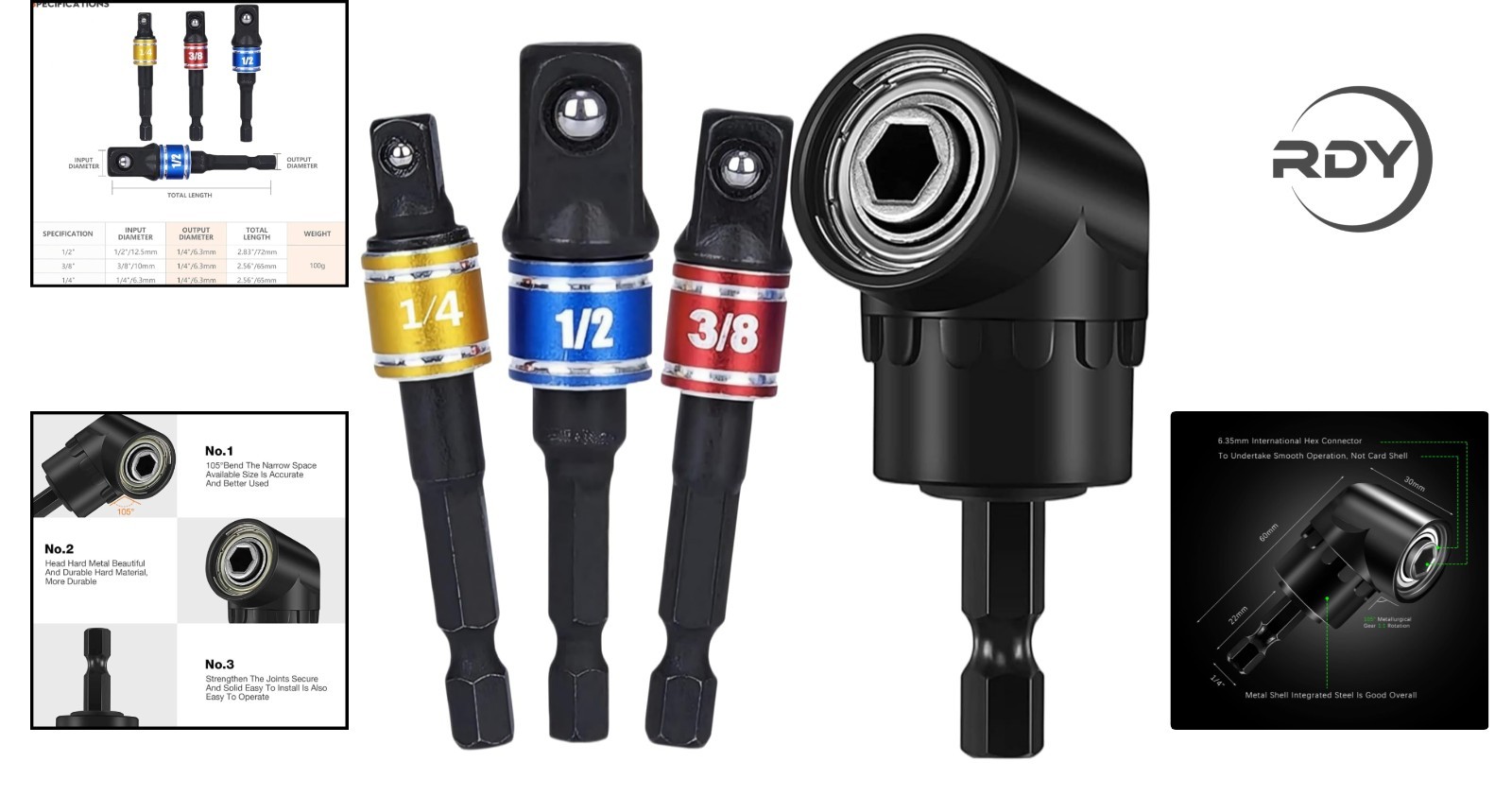105-Degree Right Angle Socket Adapter Set – 3Pcs High-Grade Tool Extensions