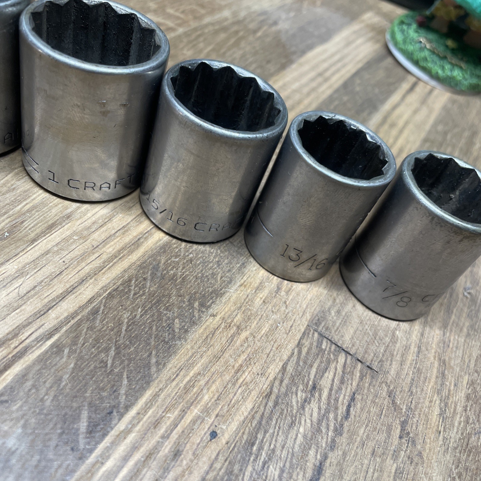 5- Craftsman 1/2″ drive sockets (1″, 1 1/8″ 15/16, 13/16, 7/8)- V – Made in USA