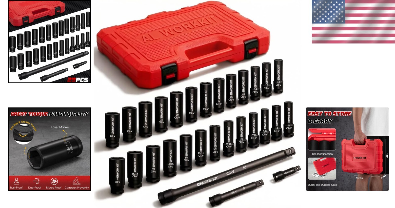 1/2″ Drive Impact Socket Set, 29-Piece, SAE & Metric Sizes Included