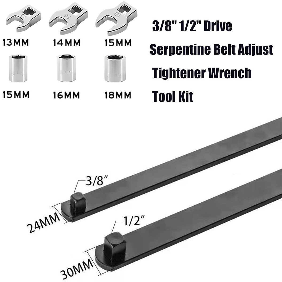 8PC Serpentine Belt Tension Tool 1/2″ 3/8″ Square Universal Belt Removal Wrech