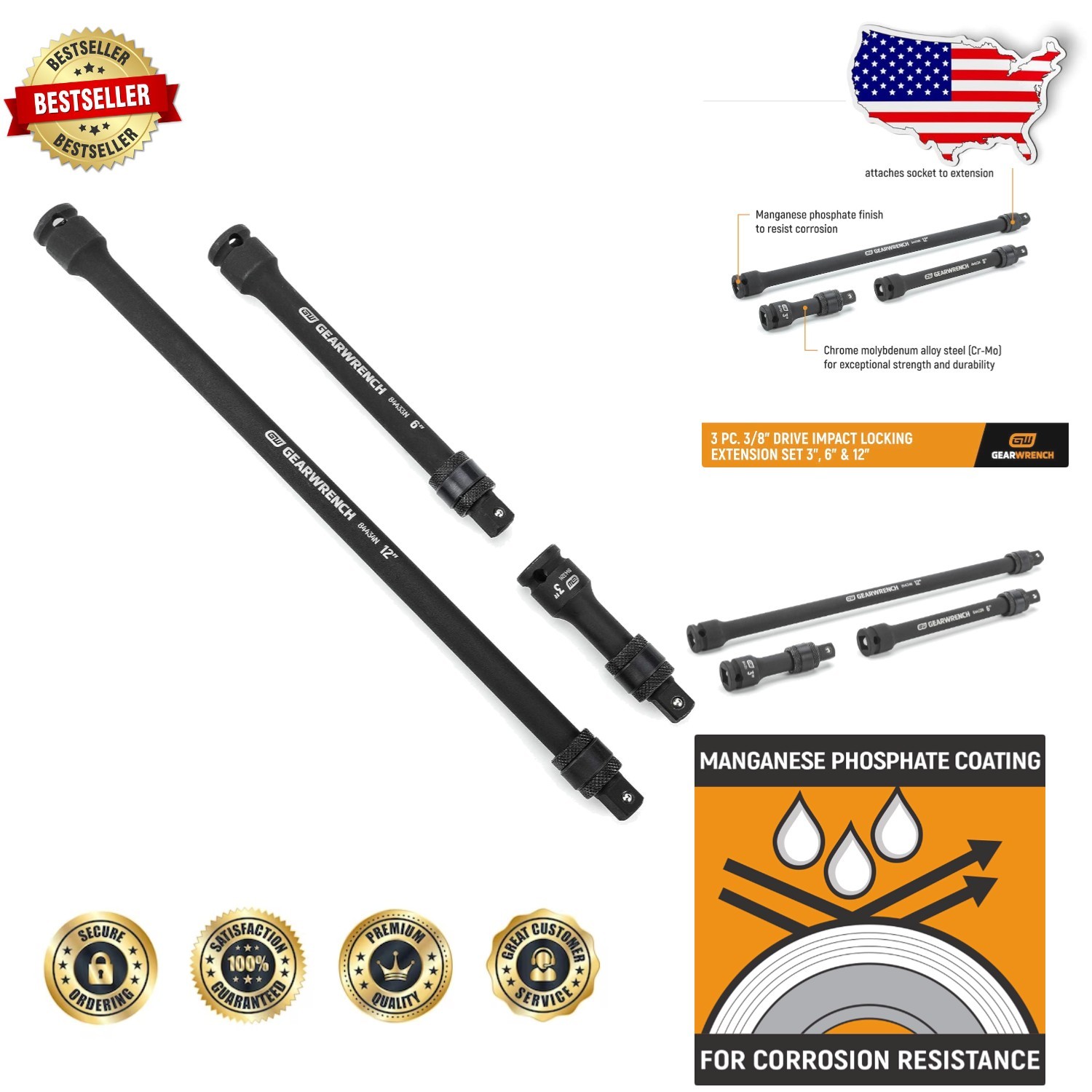 Heavy Duty 3 Pc 3/8″ Drive Impact Extension Set Locking Manganese Phosphate