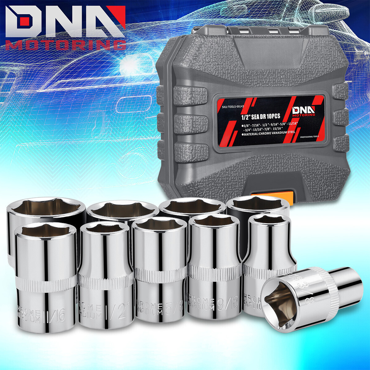 10Pcs 1/2″ Dr 6 Point SAE Impact Socket Set Chrome Vanadium Steel 3/8″ to 15/16″