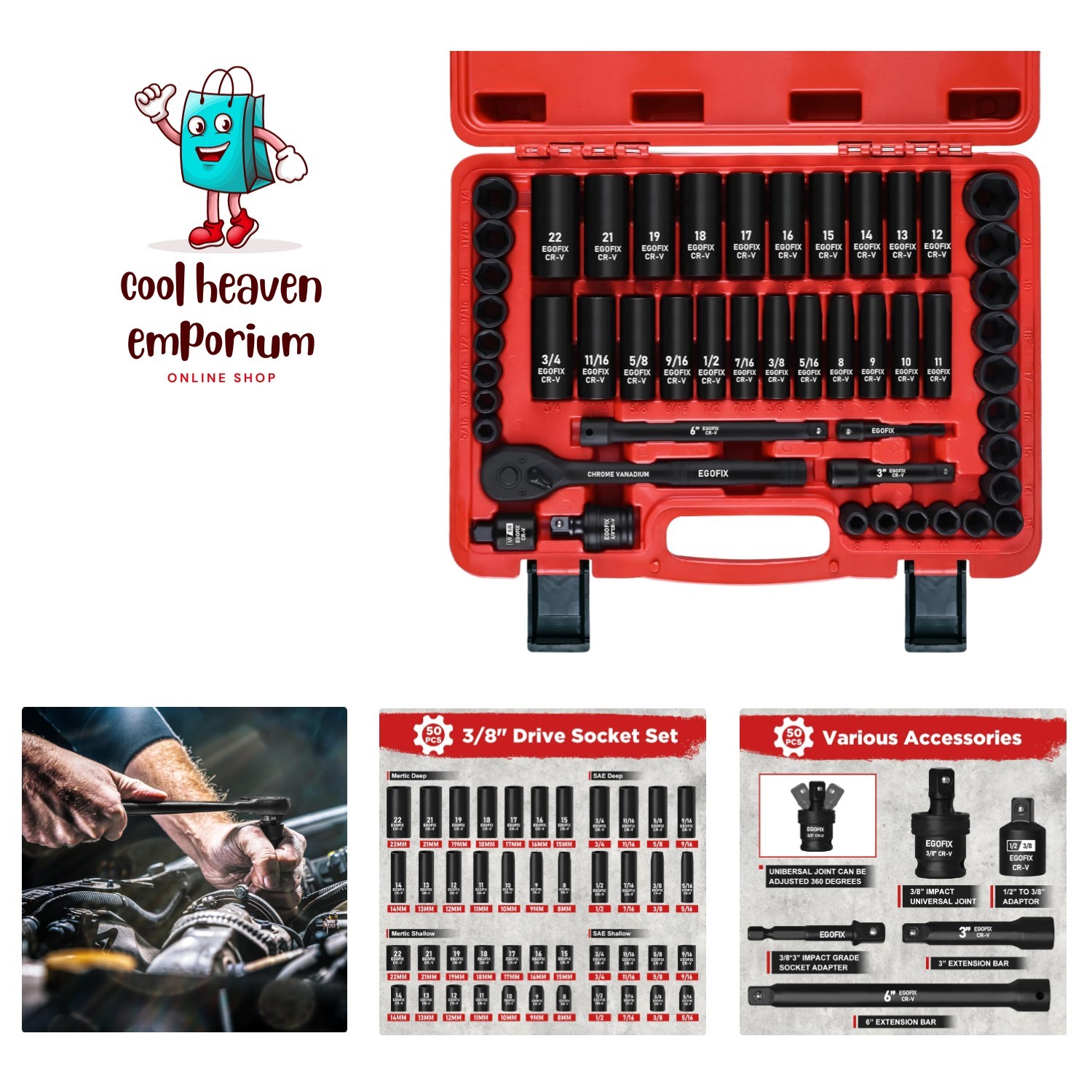 Chrome Vanadium 3/8″ Drive Impact Socket Set – 50 Pieces for Professionals