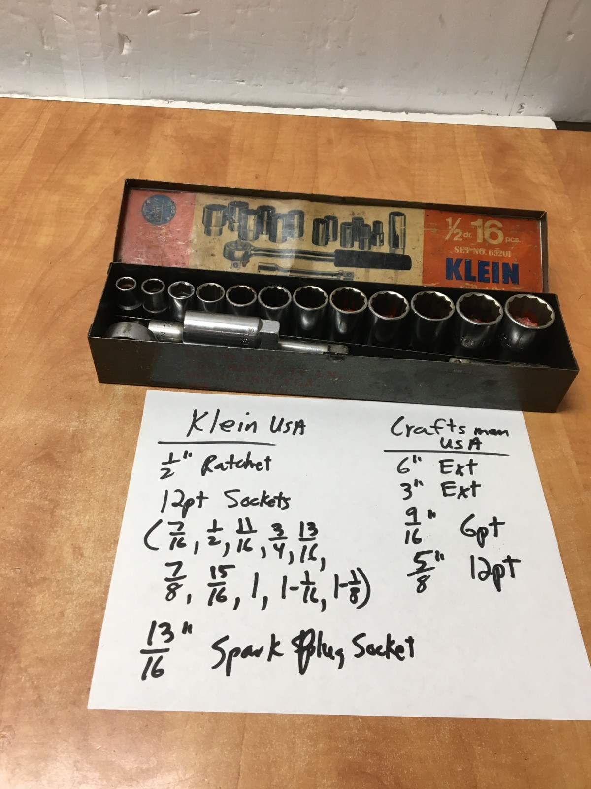 Vintage Klein 65201 1/2” Drive 16 Pc Socket Set 7/16” Thru 1-1/8” USA READ