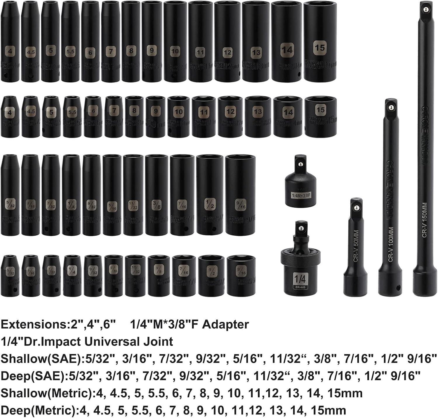 1/4 Inch Drive Master Impact Socket Set 55-Piece 6 Point SAE/Metric Deep/Shallow