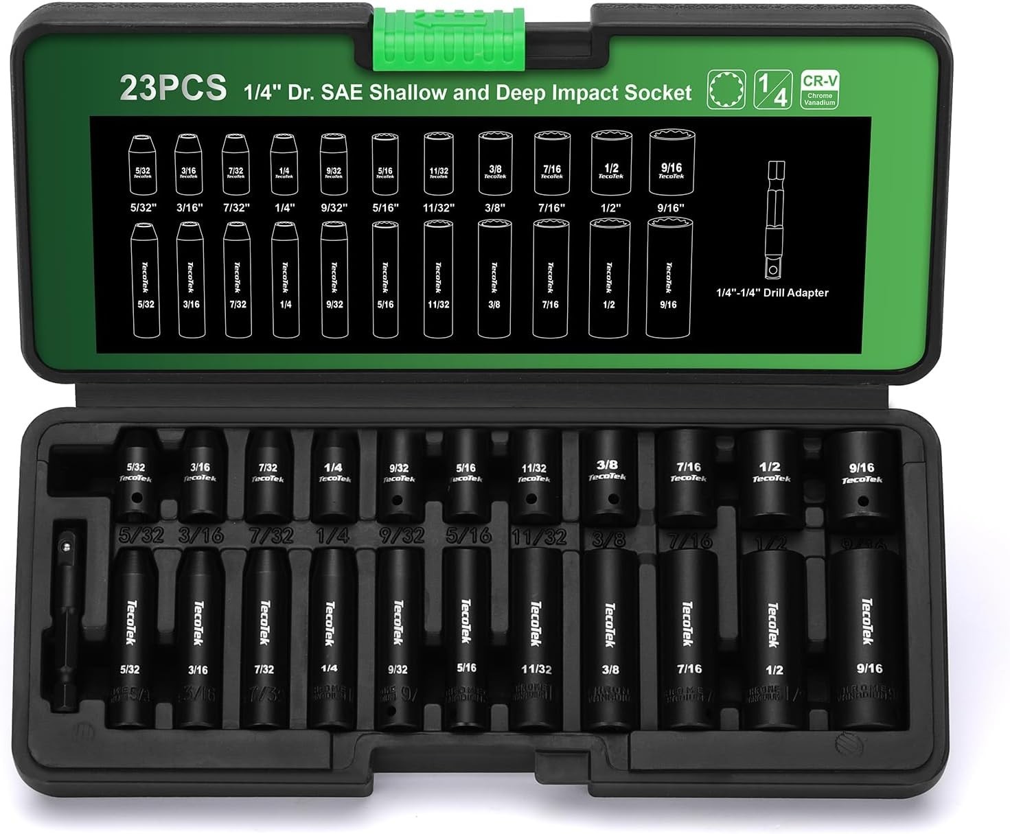 23-Piece Chrome Vanadium Impact Socket Set, 1/4-Inch Drive with Drill Adapter