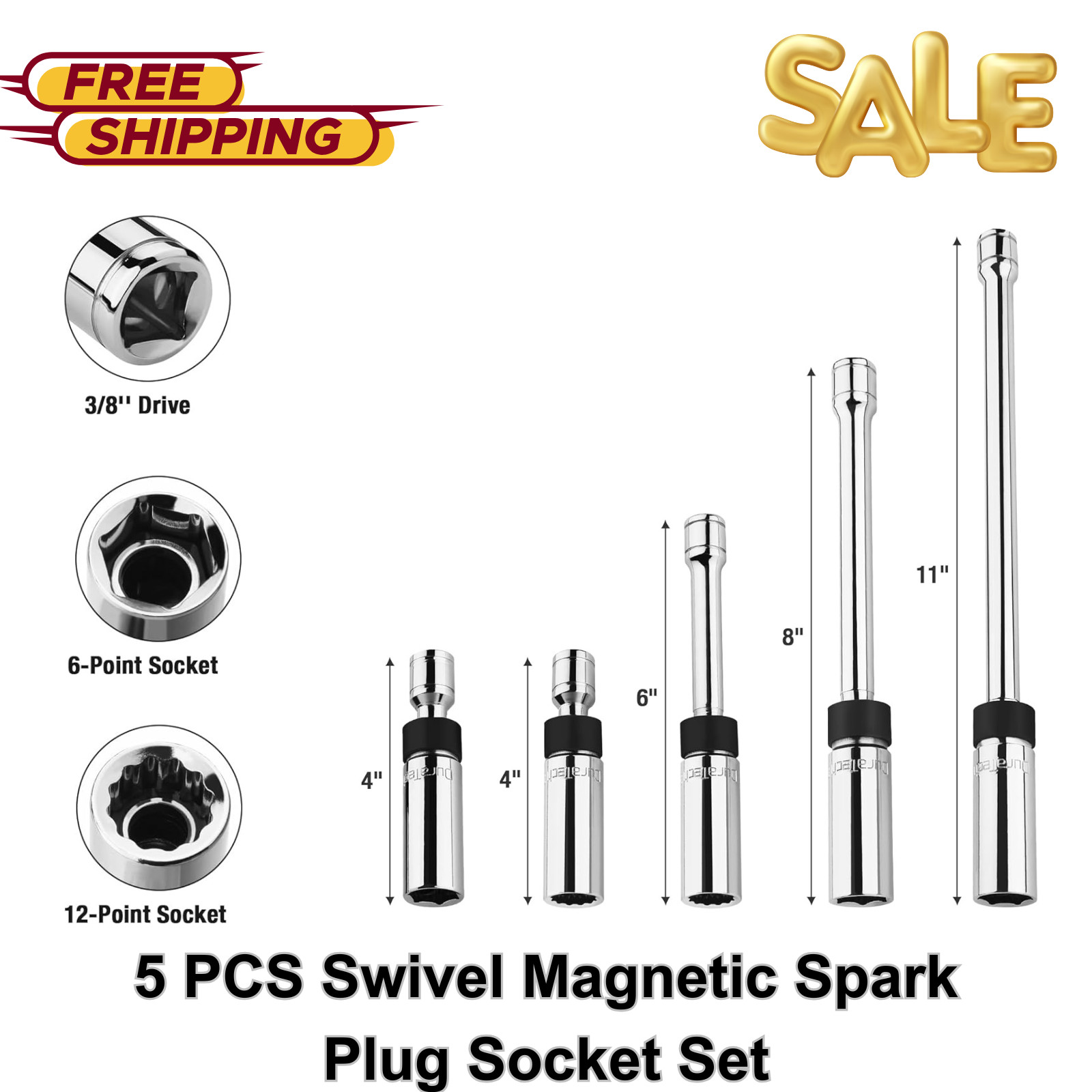5PC Swivel Magnetic Spark Plug Socket Set, 3/8″ Drive, Thin Wall, Cr-V Steel,6PT