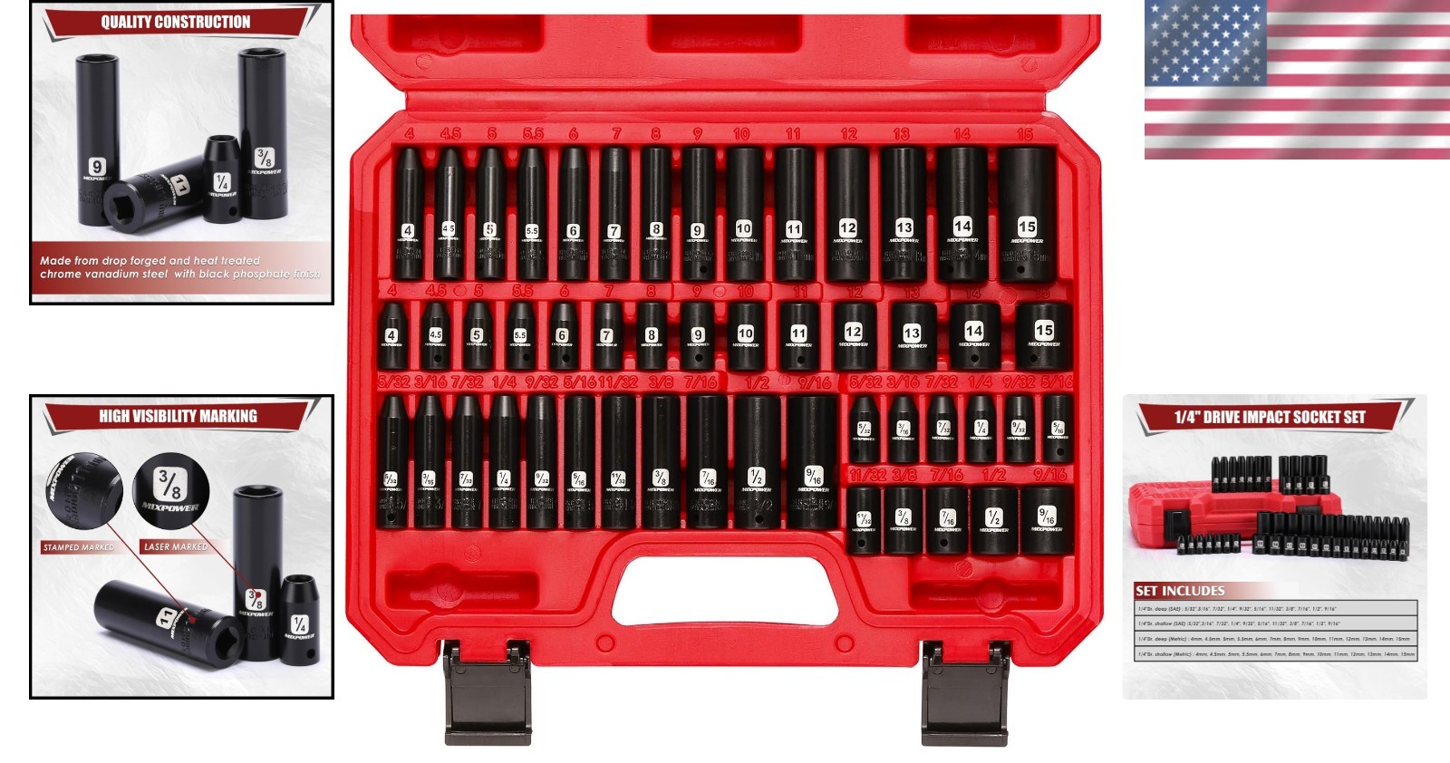1/4″ Drive Impact Socket Set, 50-Piece, SAE/Metric,