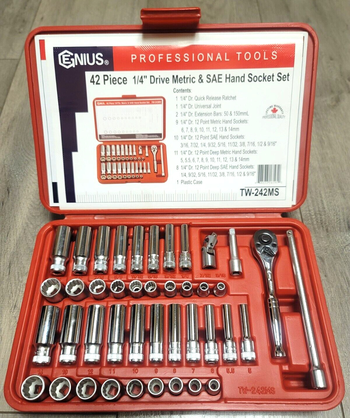 Genius Tools 42pc 1/4″dr SAE & Metric 12 Point Master Socket & Tool Set TW-242MS