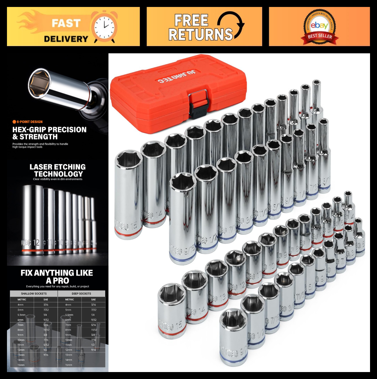 47-Piece Impact Socket Set – 1/4″ Drive Deep & Shallow SAE/Metric, 6 Point CR-V
