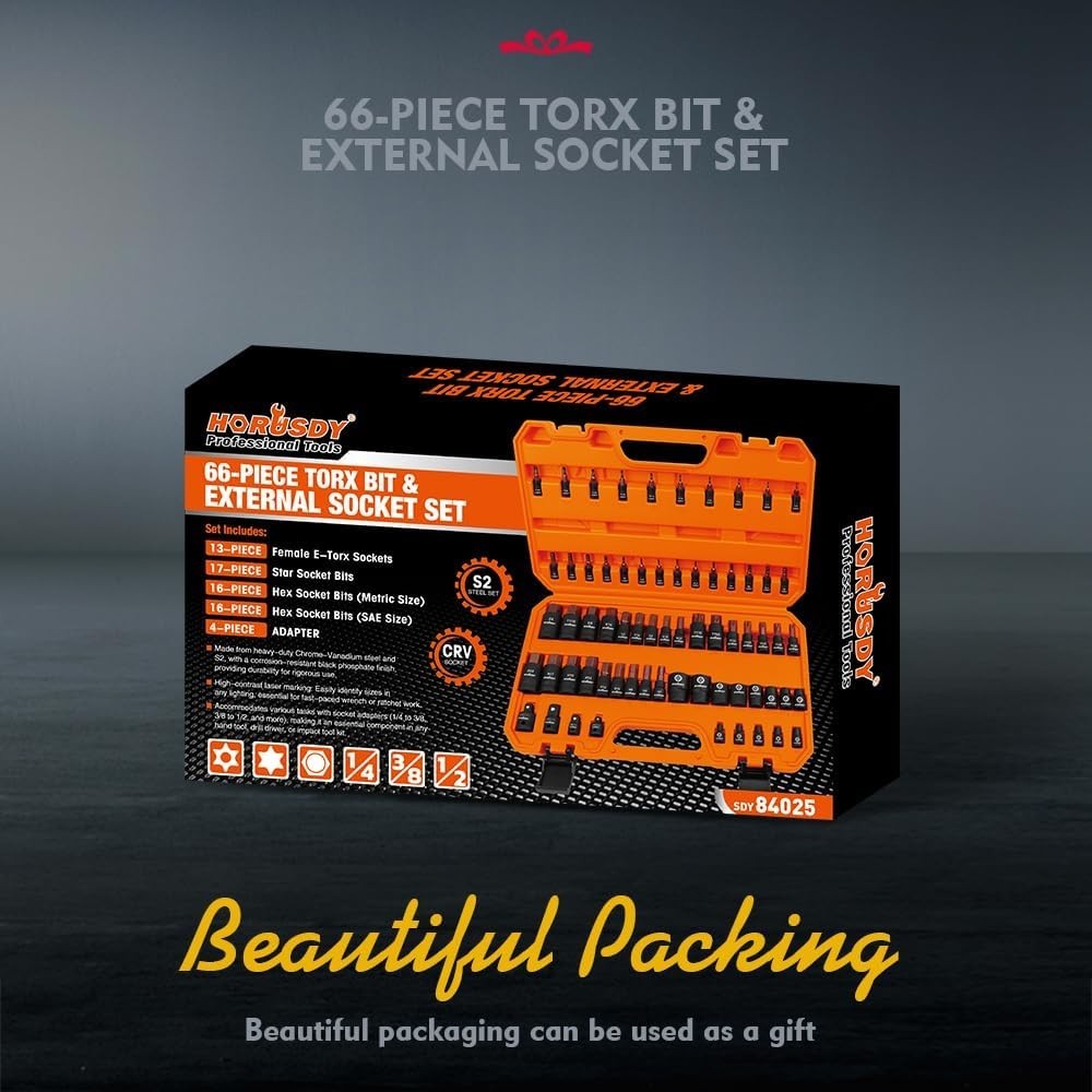 66-Piece Allen Socket Set – Torx Bit Socket and Female External Socket Set, S…