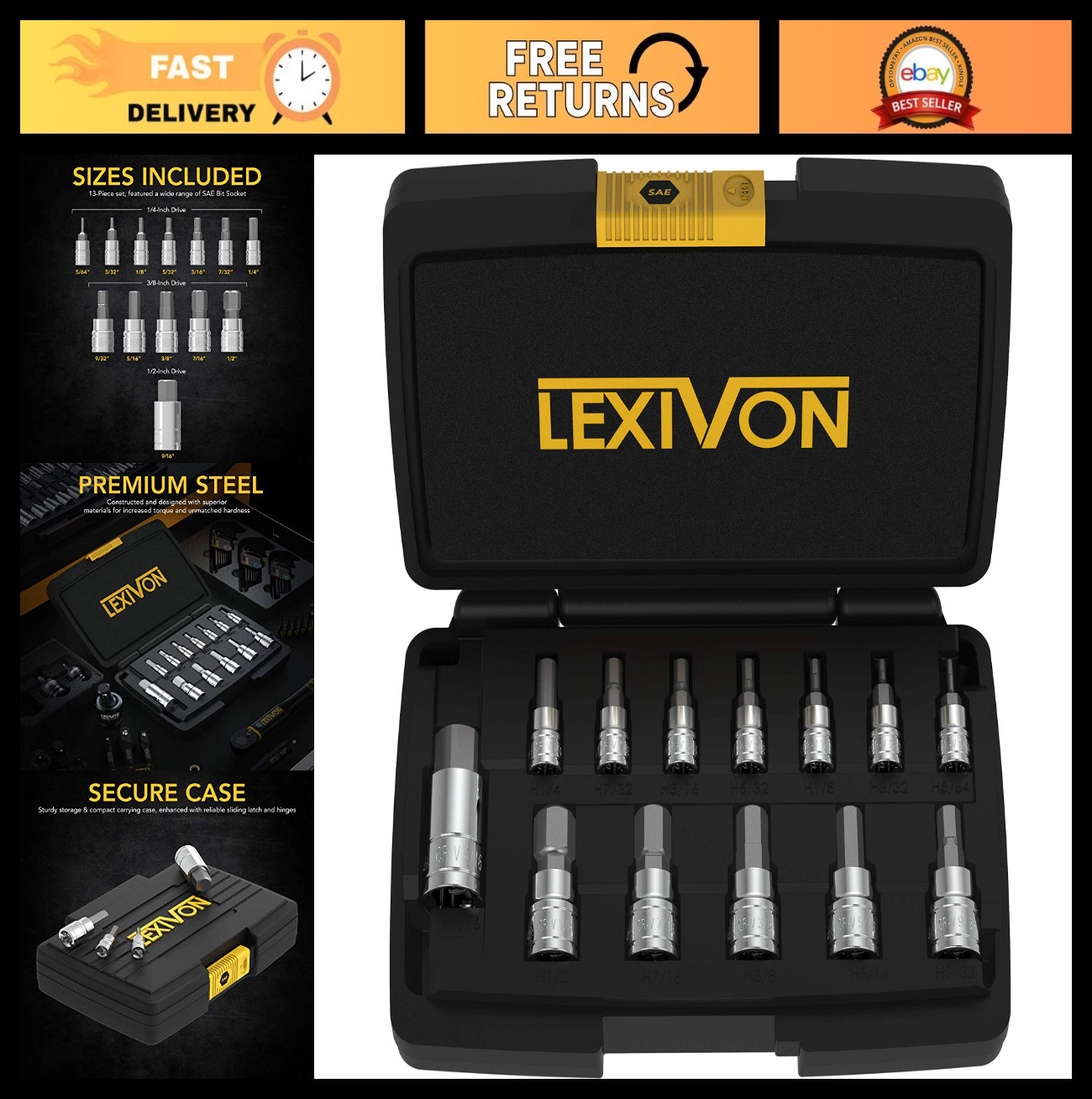 13-Piece Hex Bit Socket Set, Premium S2 Alloy Steel, SAE 5/64″ – 9/16″, Storage
