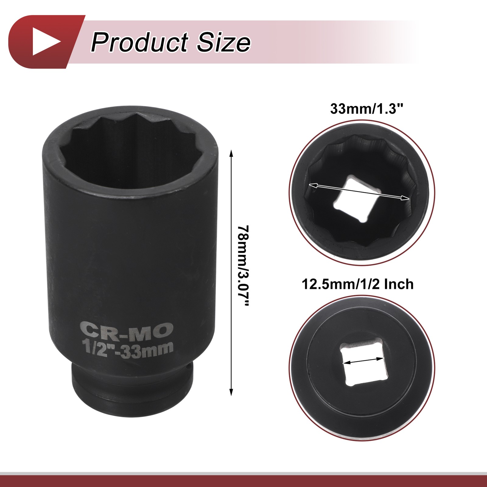 Universal 1/2 Inch Drive Impact Socket 33mm 12 Point High Carbon Steel 1 Pcs