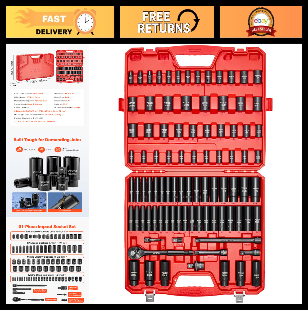 91-Piece 1/2″ Drive Impact Socket Set – SAE & Metric, Deep/Shallow, Ratchet, Ext