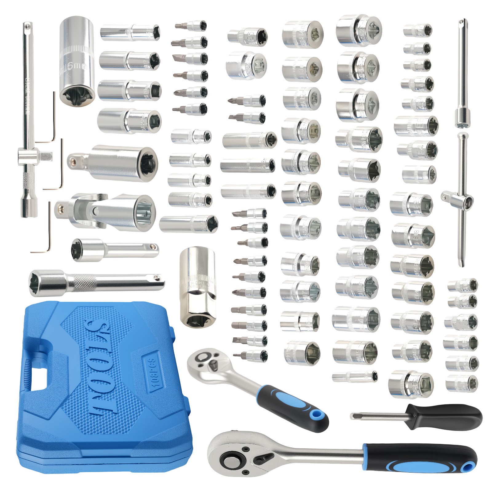 108PCS Mechanics Tool Set 1/2 1/4 Ratchet Socket Set CR-V Storage Case