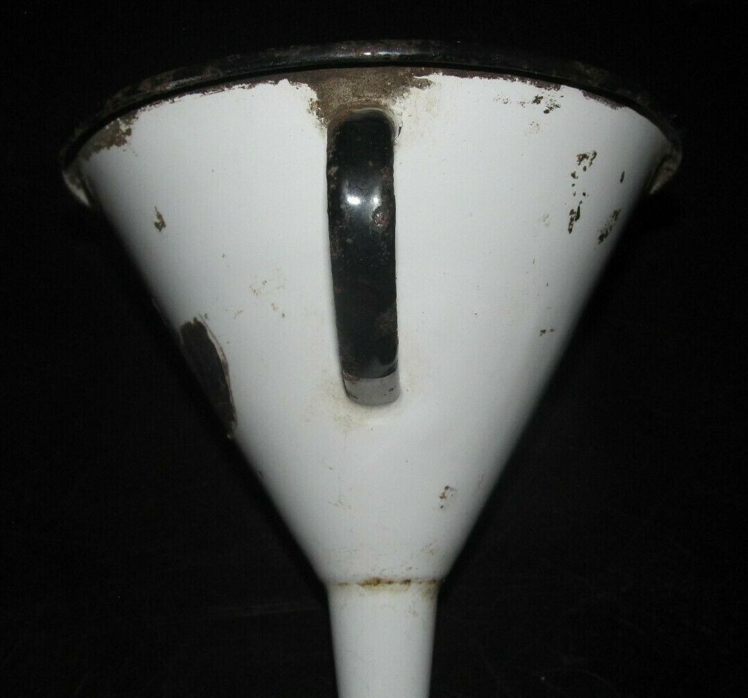 Vintage PRIMITIVE Small White & Black ENAMEL GRANITEWARE Funnel Partial Tag Oil