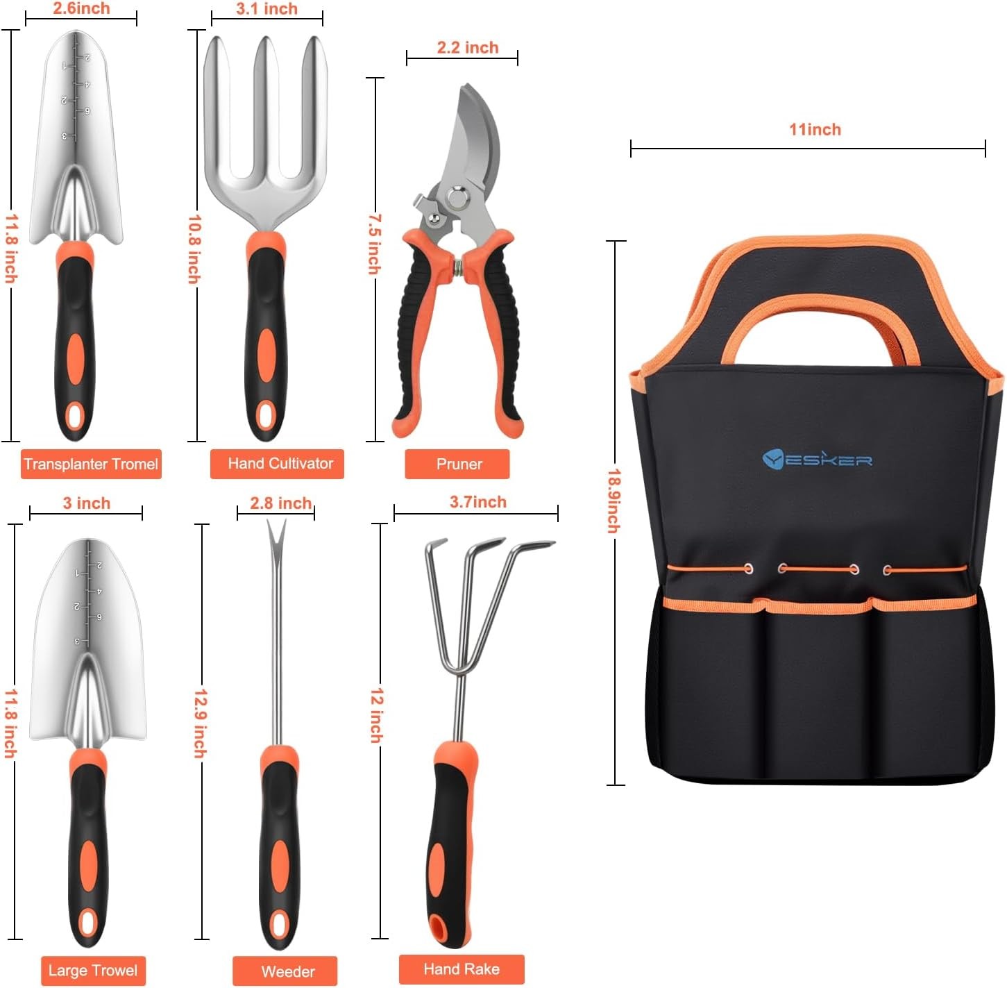 7-Piece Garden Tool Set Gardening Tools Non-Slip Ergonomic Handle Black Orange