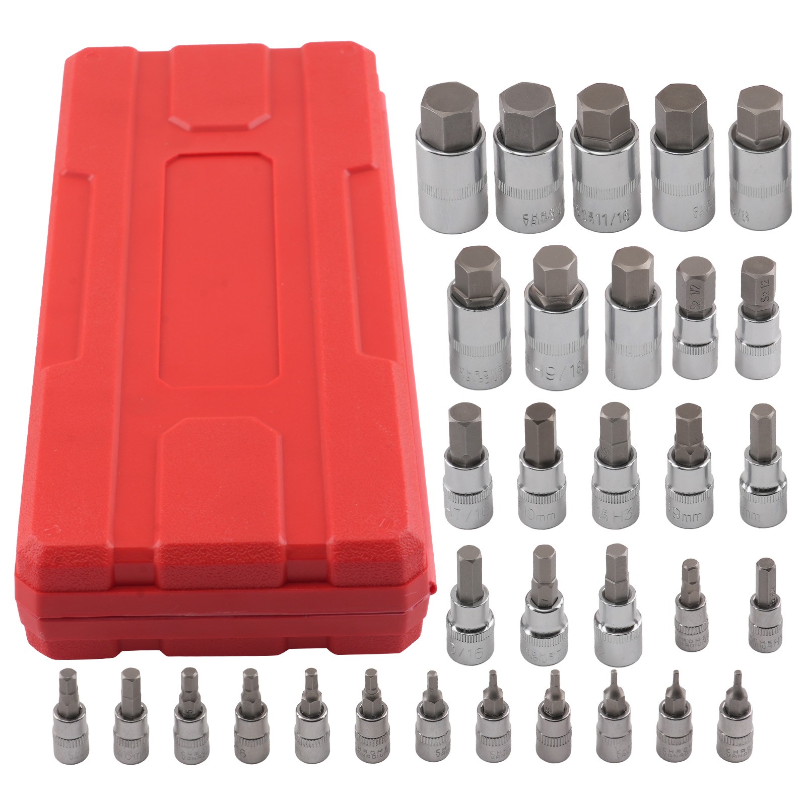 Hex Bit Socket Set 32 Pcs S2 Steel 1/4 3/8 1/2 Drive Metric SAE