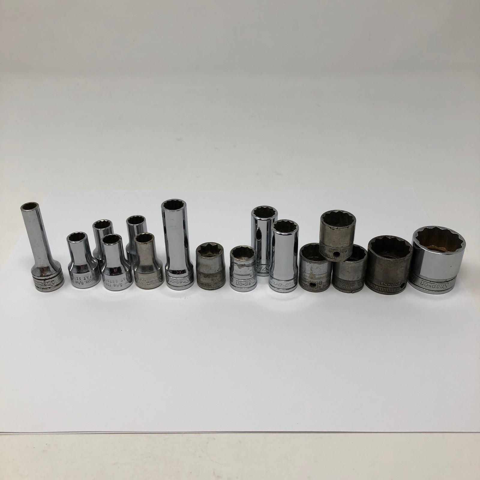 16 Snap On 3/8 Drive Socket Lot 12pt 1/4 5/16 3/8 7/16 9/16 3/4 7/8 Vintage USED